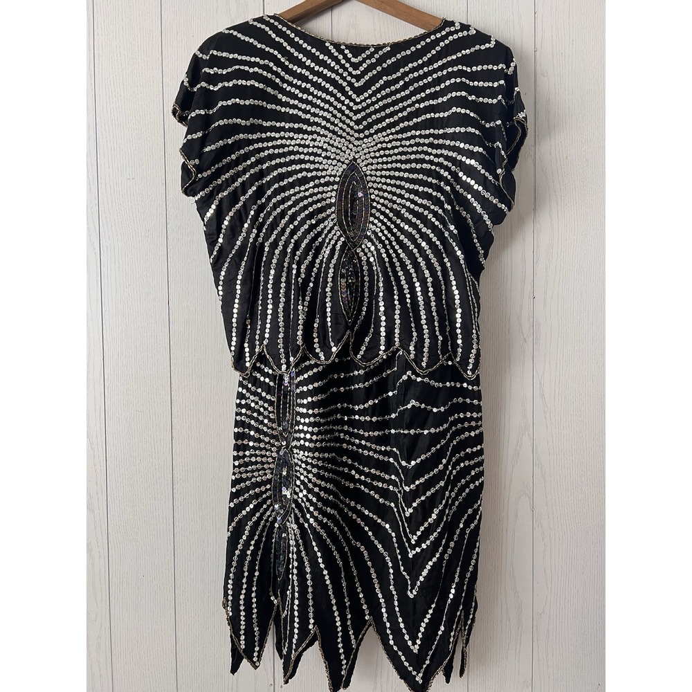Vintage 70s 80s Set butterfly‎ Top & Skirt SILK Sequins blouse Jagged Black S/M